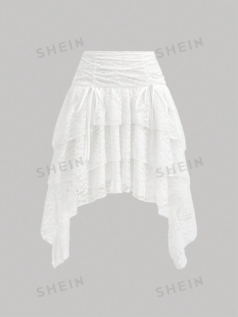 SHEIN MOD Белая кружевная декорированная асимметричная юбка с рюшами по подолу, белый