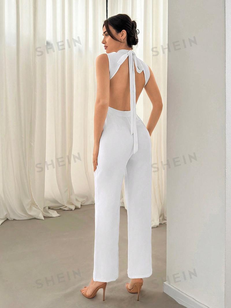 SHEIN Aloruh Женский элегантный комбинезон для поездок на работу с полой спиной и завязанным воротником рубашки, черный