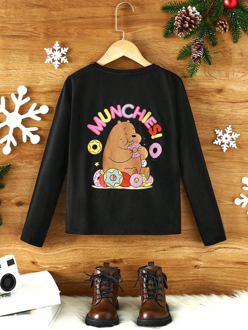 Футболка с рисунком медведя и буквы для девочек SHEIN без шарфа, черный