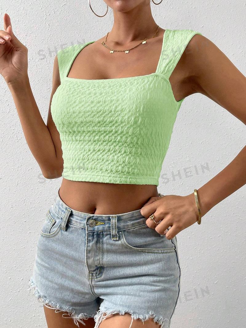 SHEIN Essnce Женская текстурированная однотонная укороченная майка с квадратным вырезом, лаймово-зеленый SHEIN Essnce Женская текстурированная однотонная укороченная майка с квадратным вырезом, лаймово-зеленый