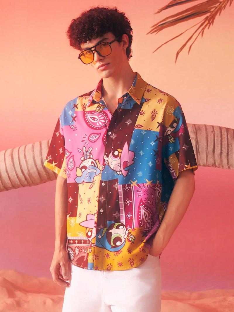 Рубашка унисекс SHEIN с мультяшным лоскутным принтом, ярко-розовый