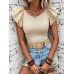 SHEIN Clasi Женская однотонная футболка с короткими рукавами и круглым вырезом с рюшами, абрикос