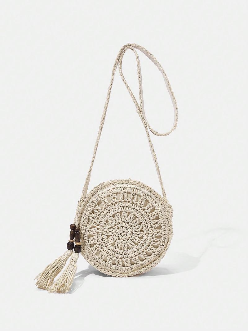 SHEIN VCAY Соломенная круглая сумка с отделкой бисером, абрикос