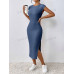 SHEIN Frenchy женское однотонное текстурированное облегающее платье макси с разрезом по бокам, пыльный синий