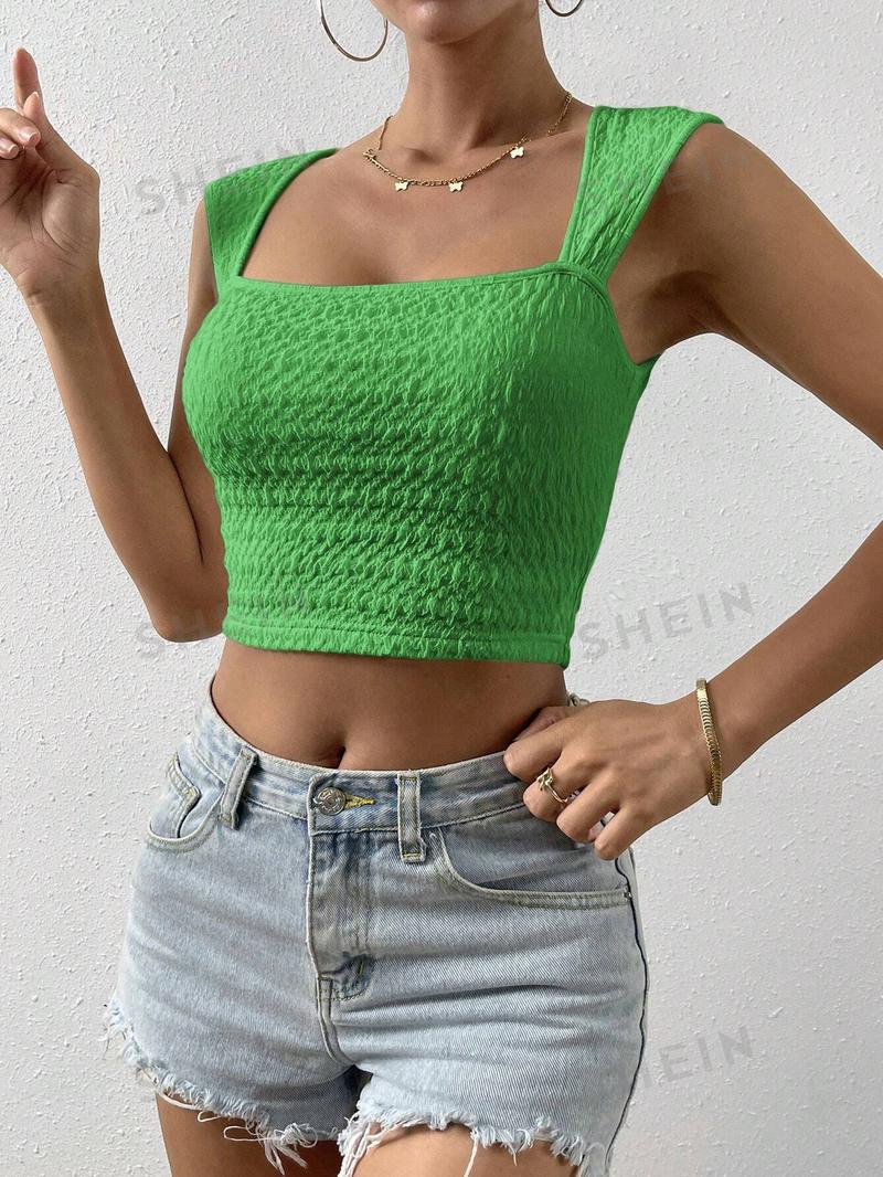 SHEIN Essnce Женская текстурированная однотонная укороченная майка с квадратным вырезом, зеленый SHEIN Essnce Женская текстурированная однотонная укороченная майка с квадратным вырезом, зеленый