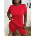 SHEIN Slayr Женский однотонный комплект из футболки и шорт с круглым вырезом и короткими рукавами, красный SHEIN Slayr Женский однотонный комплект из футболки и шорт с круглым вырезом и короткими рукавами, красный