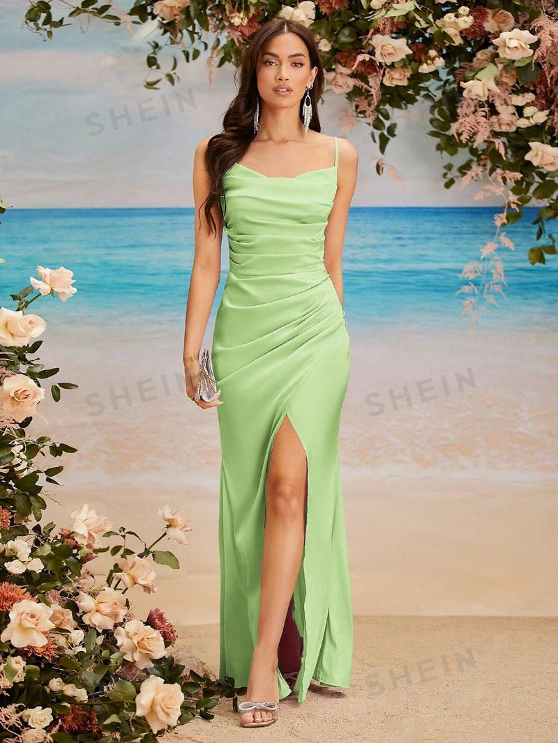 SHEIN Belle однотонное плиссированное платье подружки невесты с высоким разрезом и лямкой для женщин, мятно-зеленый SHEIN Belle однотонное плиссированное платье подружки невесты с высоким разрезом и лямкой для женщин, мятно-зеленый