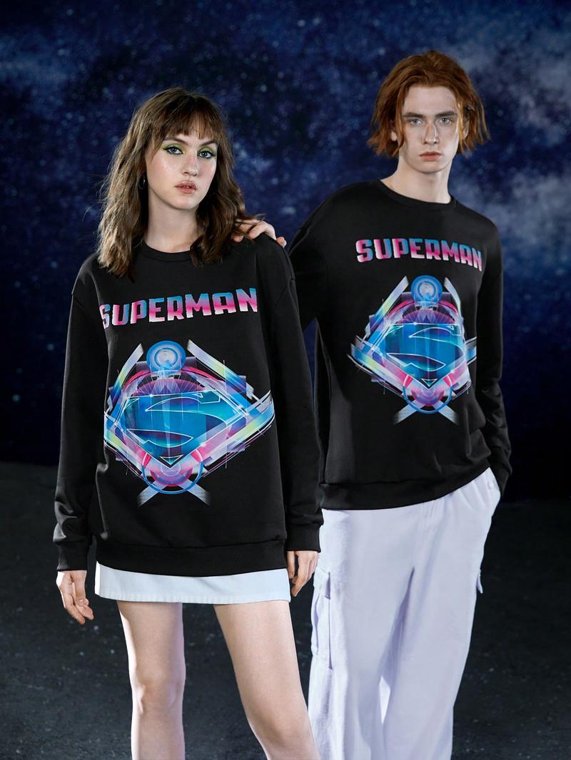 SHEIN Унисекс 1 шт. Толстовка с заниженными плечами и буквенным рисунком, черный