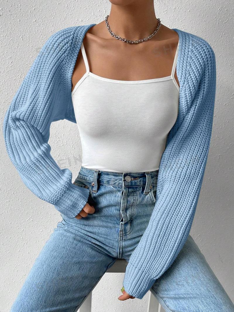 SHEIN EZwear Однотонный базовый укороченный кардиган с открытой передней частью, пыльный синий SHEIN EZwear Однотонный базовый укороченный кардиган с открытой передней частью, пыльный синий