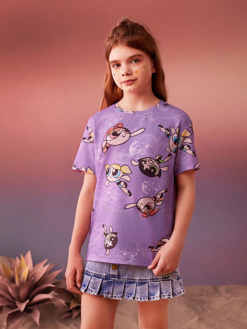 Футболка для девочек-подростков SHEIN с мультяшным рисунком, фиолетовый