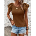 SHEIN Clasi Женская однотонная футболка с короткими рукавами и круглым вырезом с рюшами, кофейный коричневый