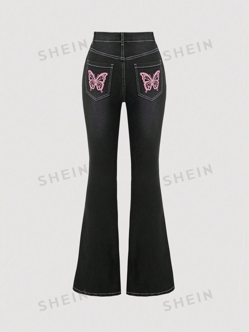 SHEIN MOD Женские расклешенные джинсы с вышивкой бабочки, черный SHEIN MOD Женские расклешенные джинсы с вышивкой бабочки, черный