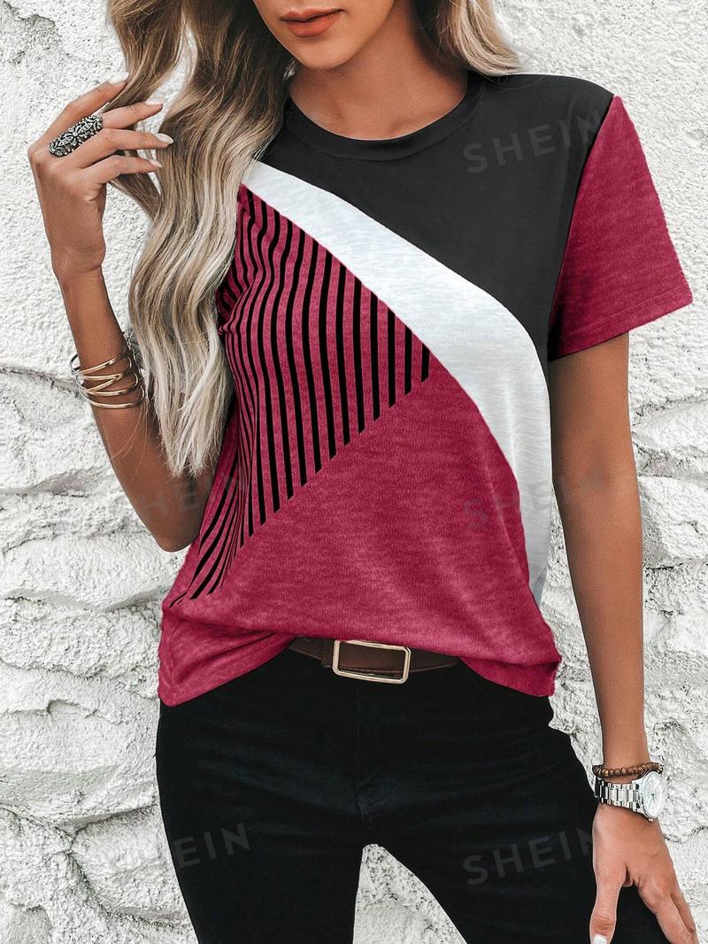 SHEIN Clasi Полосатая футболка с короткими рукавами и круглым вырезом с цветными блоками, редвуд SHEIN Clasi Полосатая футболка с короткими рукавами и круглым вырезом с цветными блоками, редвуд