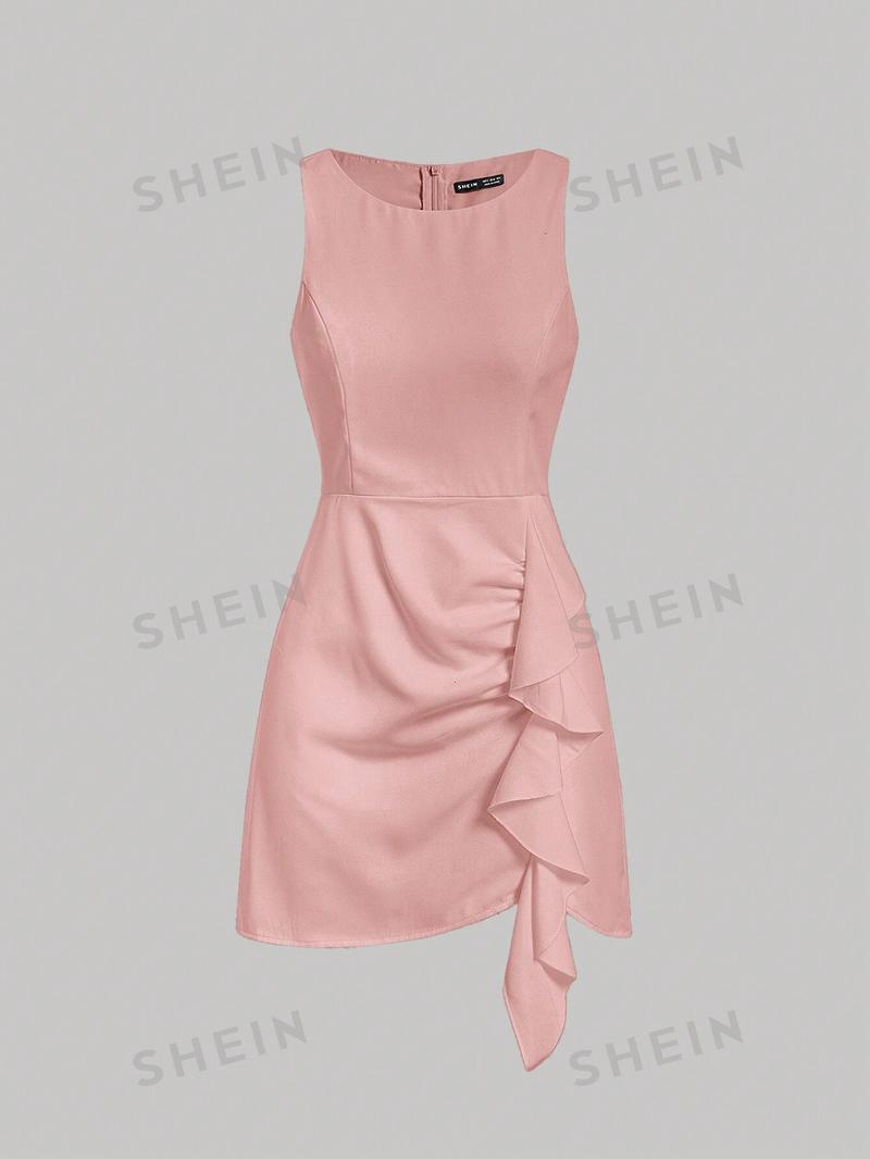 SHEIN MOD однотонное платье-жилет без рукавов с бретелькой на шее и рюшами, розовый
