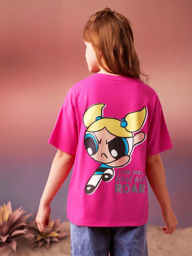 Футболка для девочек-подростков SHEIN с рисунком и надписью на заниженных плечах, ярко-розовый