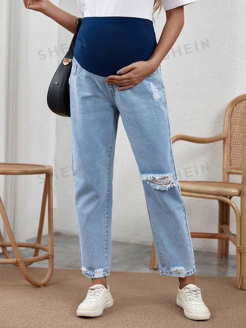 SHEIN Джинсы для беременных с регулируемой талией и поддержкой живота, легкая стирка SHEIN Джинсы для беременных с регулируемой талией и поддержкой живота, легкая стирка