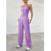 SHEIN EZwear Женский однотонный комплект из топа и брюк без бретелек с однобортной застежкой, сиреневый фиолетовый