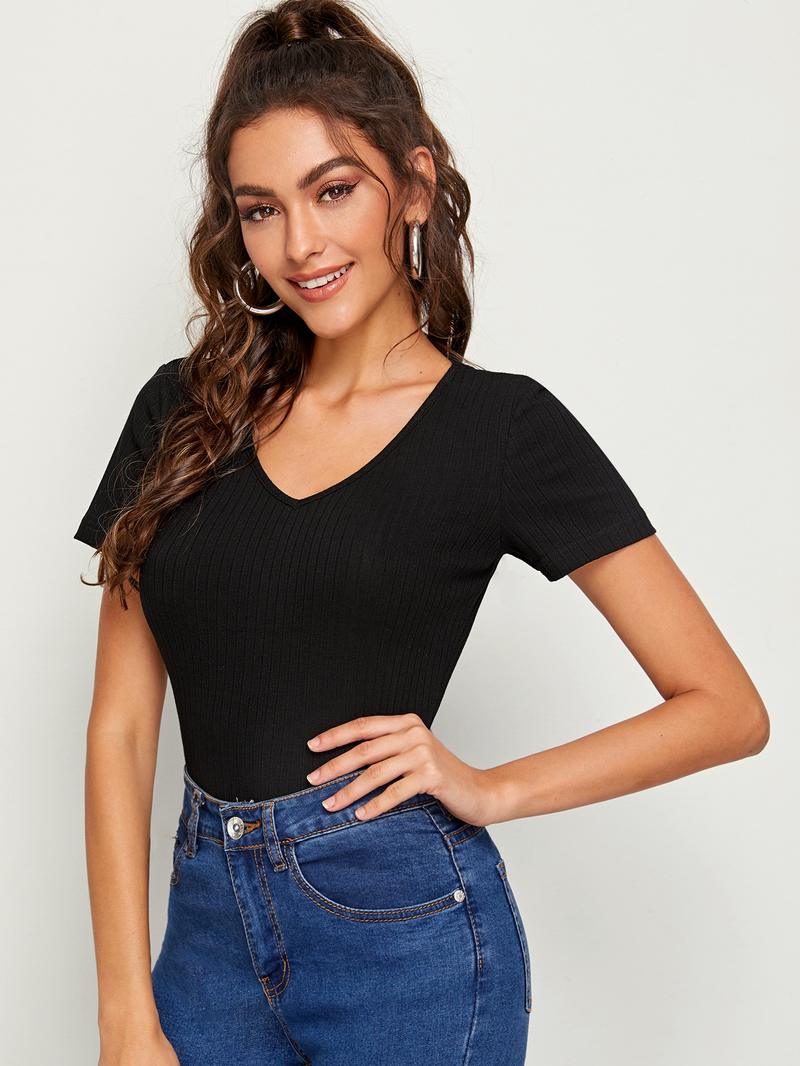 SHEIN Essnce однотонная повседневная трикотажная футболка в рубчик с короткими рукавами, черный