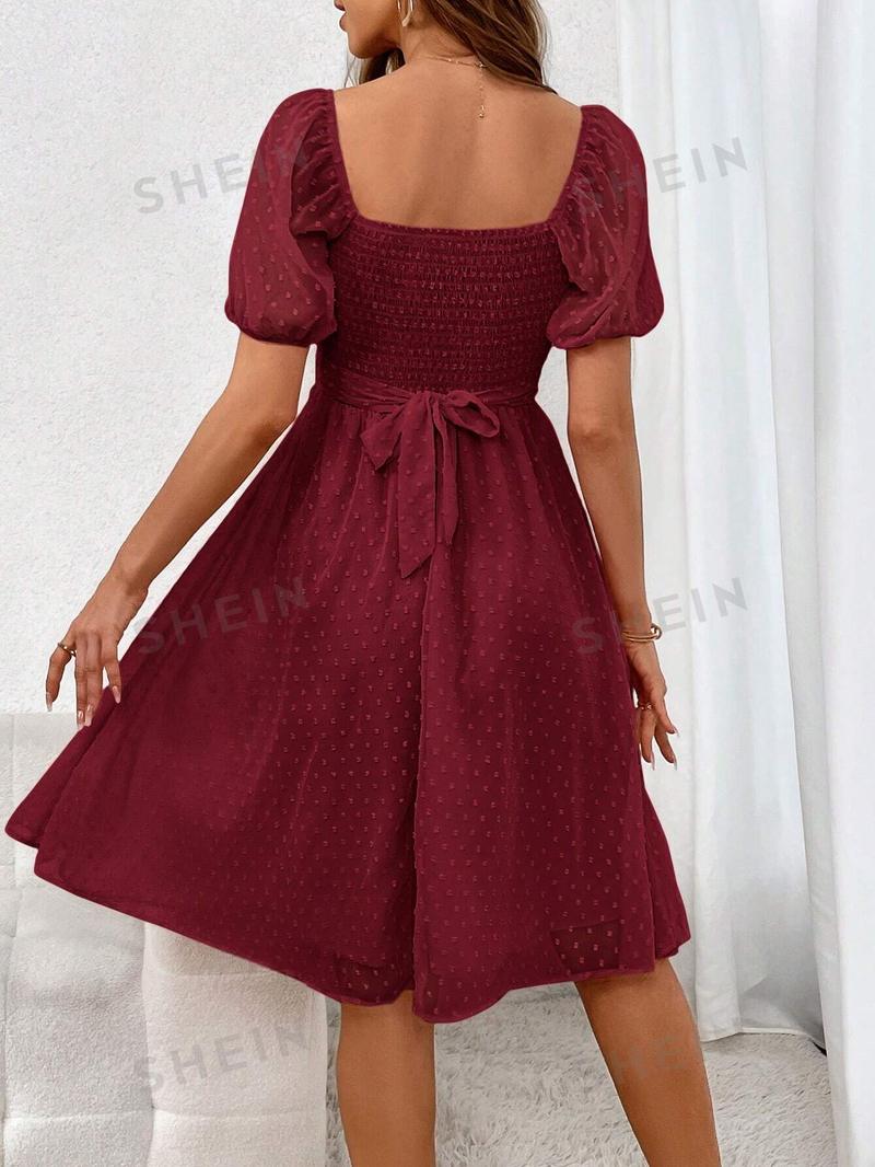 SHEIN Privé женское однотонное платье с воротником-сердечком и пышными рукавами, бургундия