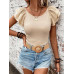 SHEIN Clasi Женская однотонная футболка с короткими рукавами и круглым вырезом с рюшами, абрикос