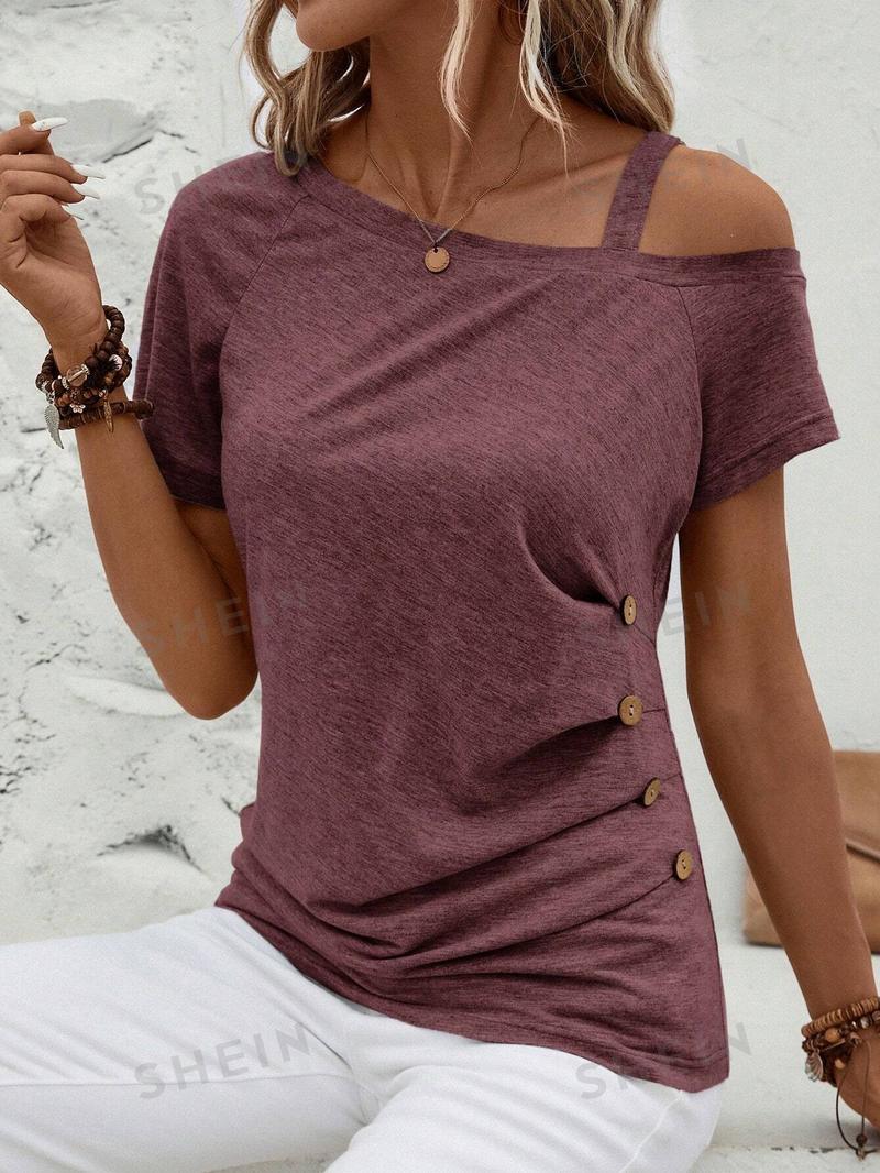 SHEIN Clasi Асимметричная футболка с воротником и пуговицами, бордовый