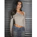 SHEIN BAE Женская однотонная обтягивающая футболка с неровным краем и перевязанным краем и шейным шарфом, серый