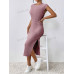 SHEIN Frenchy женское однотонное текстурированное облегающее платье макси с разрезом по бокам, пыльный розовый