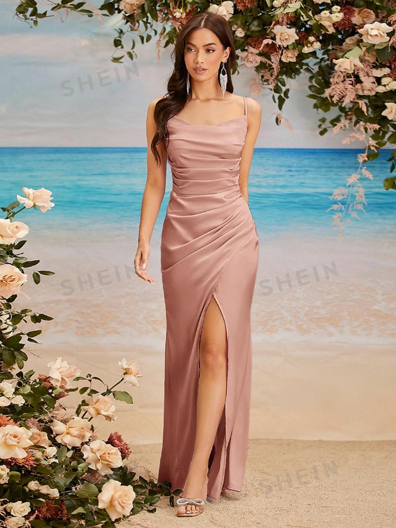 SHEIN Belle однотонное плиссированное платье подружки невесты с высоким разрезом и лямкой для женщин, пыльный розовый SHEIN Belle однотонное плиссированное платье подружки невесты с высоким разрезом и лямкой для женщин, пыльный розовый