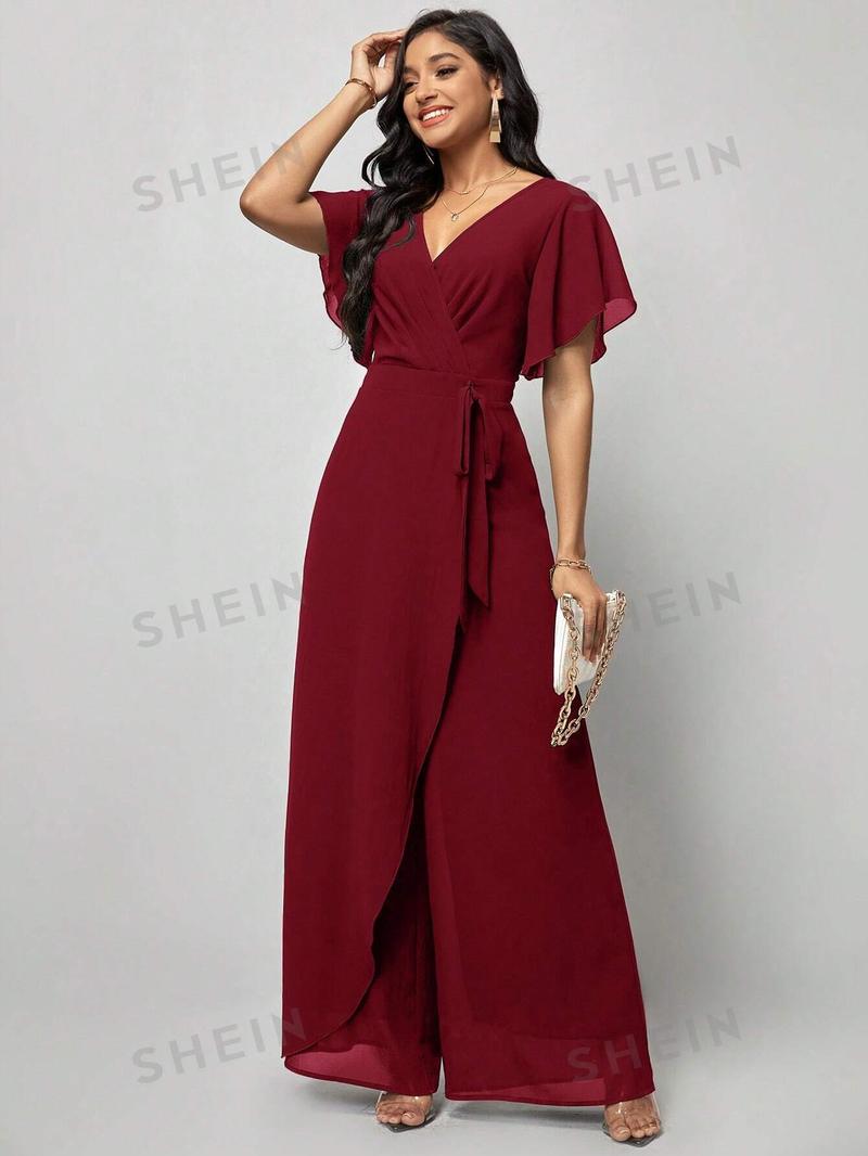 SHEIN Clasi Женский однотонный плиссированный комбинезон с запахом и завязывающимся поясом, бургундия