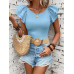 SHEIN Clasi Женская однотонная футболка с короткими рукавами и круглым вырезом с рюшами, голубые