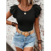 SHEIN Clasi Женская однотонная футболка с короткими рукавами и круглым вырезом с рюшами, черный