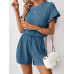 SHEIN Essnce Женский однотонный комплект из топа и шорт с круглым вырезом и рукавами «летучая мышь», бирюзовый синий SHEIN Essnce Женский однотонный комплект из топа и шорт с круглым вырезом и рукавами «летучая мышь», бирюзовый синий