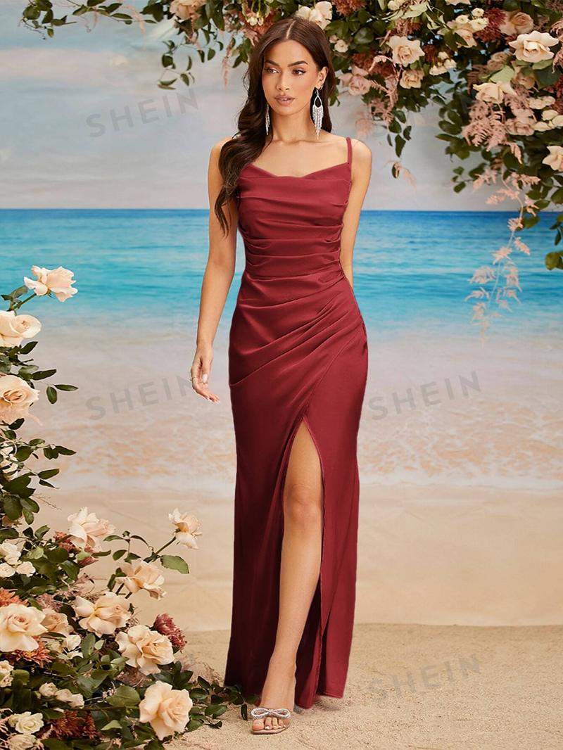 SHEIN Belle однотонное плиссированное платье подружки невесты с высоким разрезом и лямкой для женщин, бургундия SHEIN Belle однотонное плиссированное платье подружки невесты с высоким разрезом и лямкой для женщин, бургундия