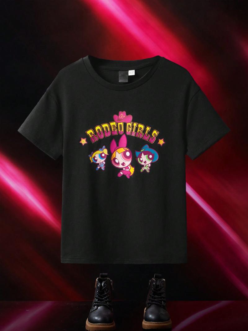 Футболка для девочек SHEIN с рисунком и буквами для девочек, черный