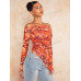 SHEIN BAE Однотонная приталенная футболка с открытыми плечами и складками, абрикос