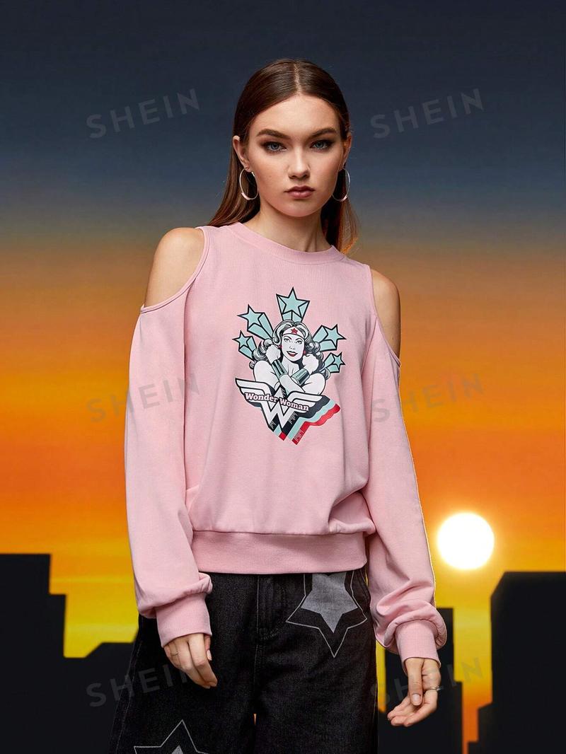 SHEIN Толстовка с открытыми плечами и принтом фигур и звезд, детский розовый SHEIN Толстовка с открытыми плечами и принтом фигур и звезд, детский розовый