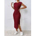 SHEIN Frenchy женское однотонное текстурированное облегающее платье макси с разрезом по бокам, бургундия