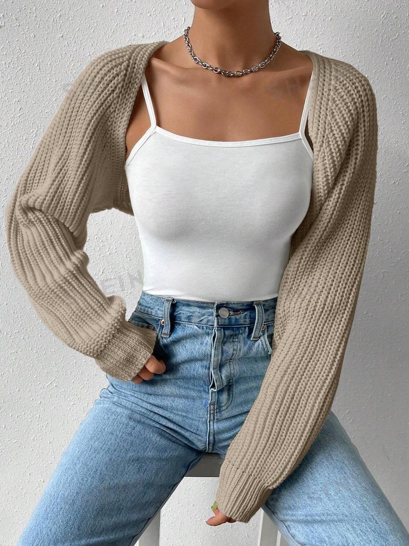 SHEIN EZwear Однотонный базовый укороченный кардиган с открытой передней частью, коричневый SHEIN EZwear Однотонный базовый укороченный кардиган с открытой передней частью, коричневый
