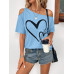 SHEIN Clasi Женская футболка с принтом Love Heart и нерегулярными плечами, голубые SHEIN Clasi Женская футболка с принтом Love Heart и нерегулярными плечами, голубые
