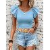 SHEIN Clasi Женская однотонная футболка с короткими рукавами и круглым вырезом с рюшами, голубые