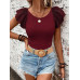 SHEIN Clasi Женская однотонная футболка с короткими рукавами и круглым вырезом с рюшами, бургундия