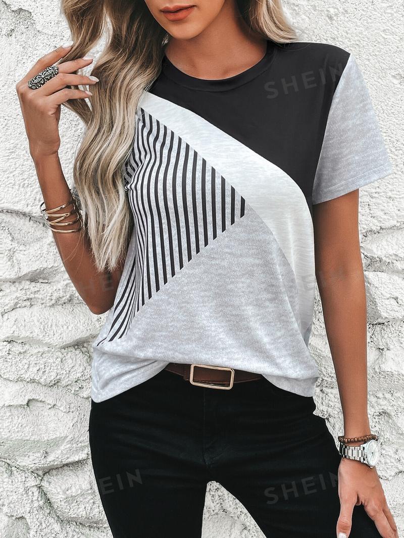 SHEIN Clasi Полосатая футболка с короткими рукавами и круглым вырезом с цветными блоками, многоцветный SHEIN Clasi Полосатая футболка с короткими рукавами и круглым вырезом с цветными блоками, многоцветный
