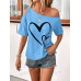 SHEIN Clasi Женская футболка с принтом Love Heart и нерегулярными плечами, голубые SHEIN Clasi Женская футболка с принтом Love Heart и нерегулярными плечами, голубые