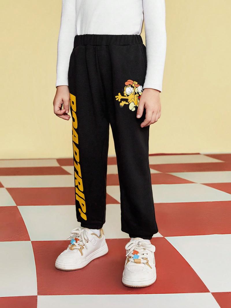 Брюки для мальчиков SHEIN с мультяшным принтом и буквами, черный