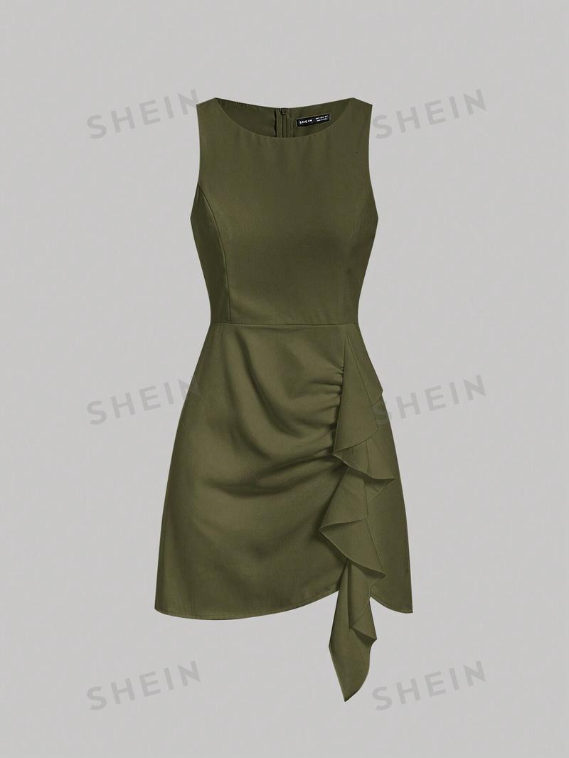 SHEIN MOD однотонное платье-жилет без рукавов с бретелькой на шее и рюшами, армейский зеленый