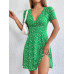 SHEIN EZwear Женское платье с глубоким v-образным вырезом и короткими рукавами с принтом, зеленый