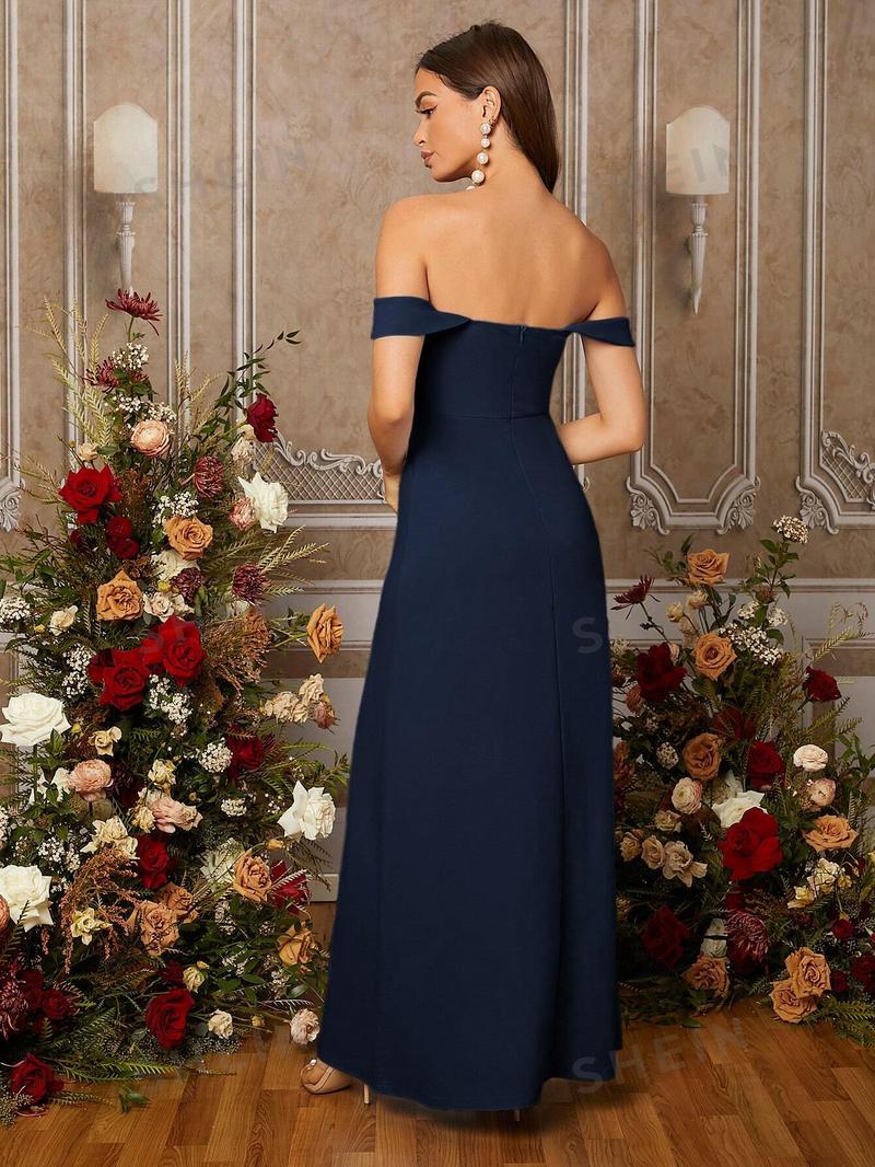 SHEIN Belle Однотонное платье для подружки невесты на одно плечо с высоким разрезом по бокам, темно-синий SHEIN Belle Однотонное платье для подружки невесты на одно плечо с высоким разрезом по бокам, темно-синий