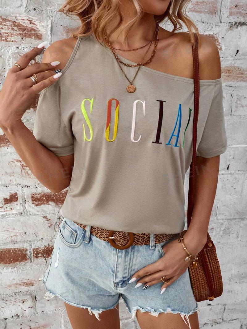 SHEIN Clasi Женская футболка с принтом Love Heart и нерегулярными плечами, абрикос SHEIN Clasi Женская футболка с принтом Love Heart и нерегулярными плечами, абрикос