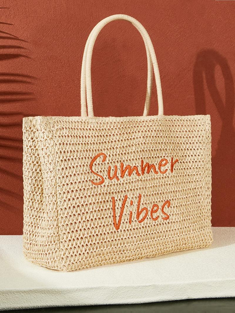 SHEIN VCAY Соломенная сумка большой емкости с буквенным рисунком, хаки
