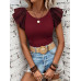 SHEIN Clasi Женская однотонная футболка с короткими рукавами и круглым вырезом с рюшами, бургундия